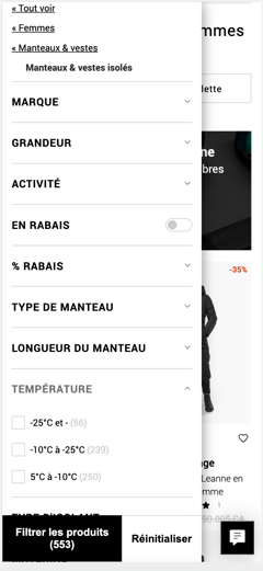 Mobile filter menu for women’s insulated coats and jackets, with brand, size, discount, and temperature options.