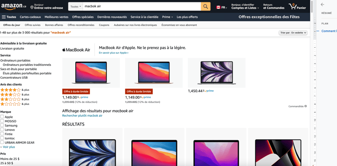 Amazon.ca search results for “macbook air,” featuring sidebar filters, Apple laptops, and prices.