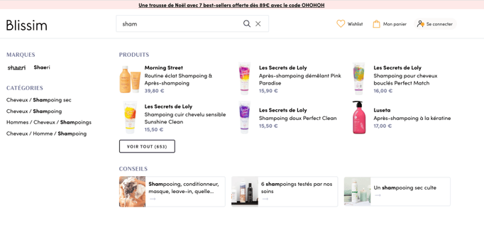 Blissim search suggestions after entering “sham,” organized by brands, categories, products, and advice.