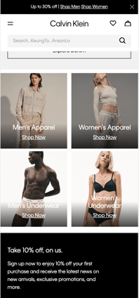 Calvin Klein mobile catalogue featuring men’s and women’s apparel and underwear categories.