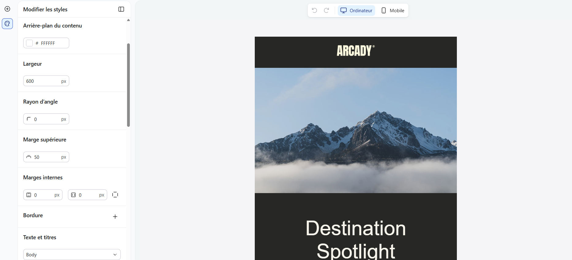 Preview of an email design in Klaviyo, configured by default to a width of 600 pixels.