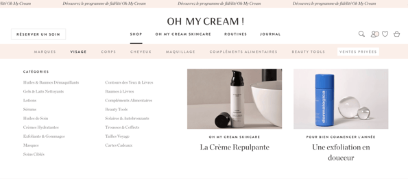 Oh My Cream mega menu for the Face category, featuring skincare subcategories and highlighted products.