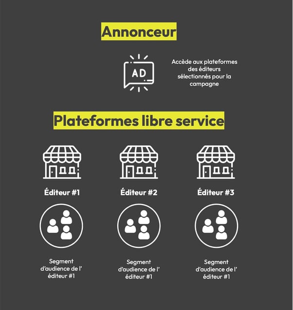 Fonctionnement d’une plateforme publicitaire libre-service donnant accès aux segments d’audience de plusieurs éditeurs.