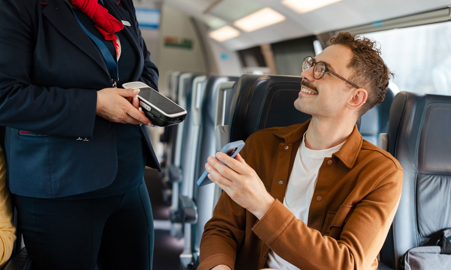 A customer earns loyalty points during their flight thanks to an inter-program loyalty partnership
