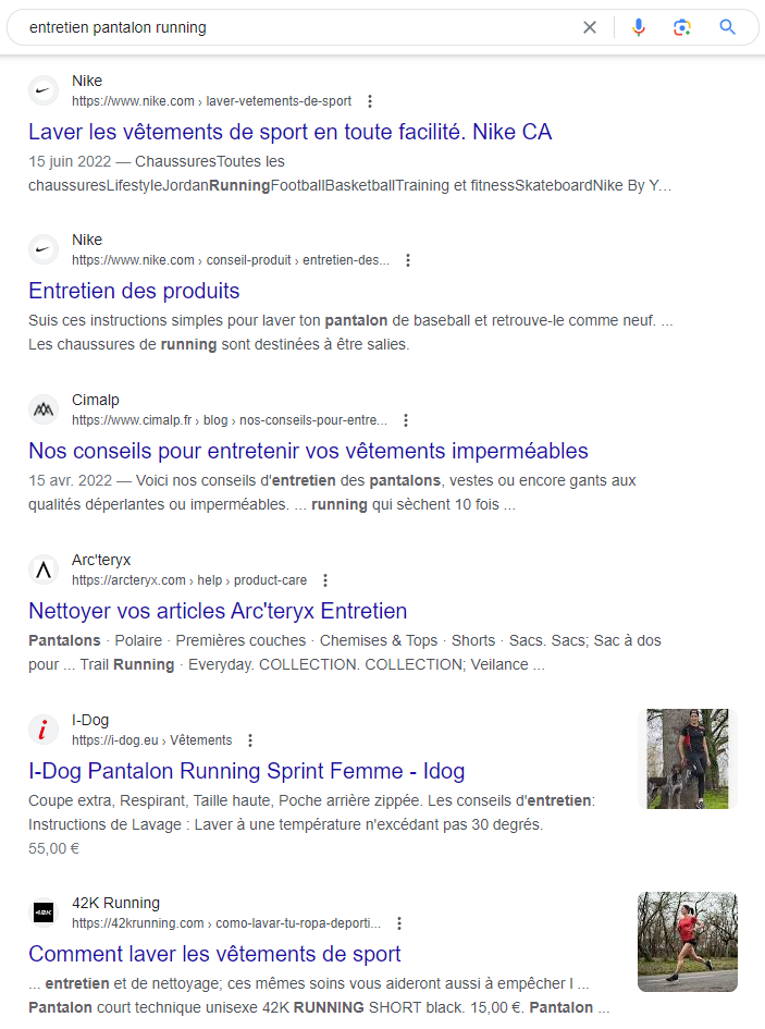 Résultats Google pour la recherche « entretien pantalon running » avec guides et fiches produits.