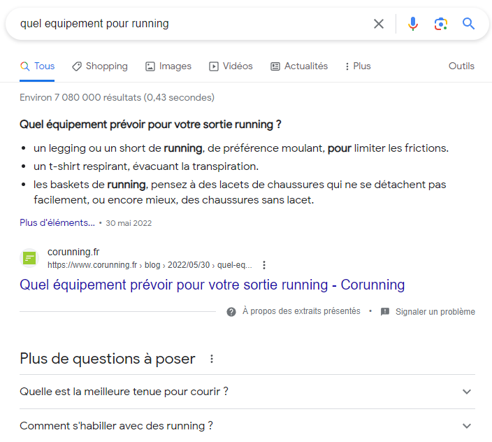 Résultats Google pour « quel équipement pour running » avec des conseils sur la tenue de course.