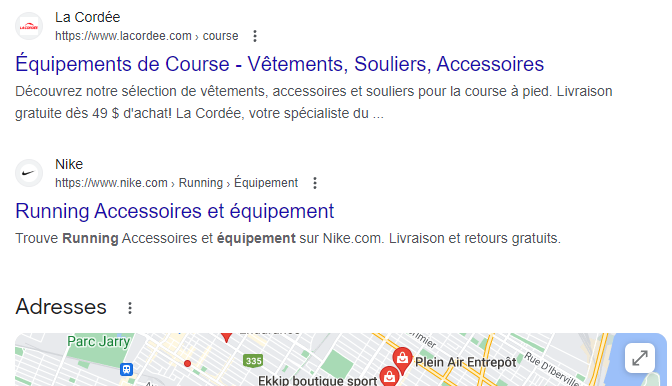 Résultats Google présentant des vêtements, accessoires et magasins spécialisés dans la course à pied.