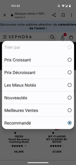 Fenêtre de tri mobile Sephora proposant plusieurs options, avec « Recommandé » sélectionné.