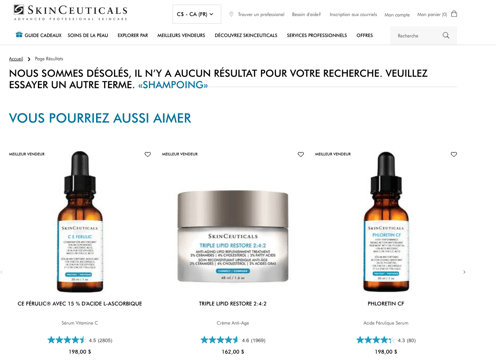 SkinCeuticals no-results page for “shampoo,” followed by a selection of recommended products.