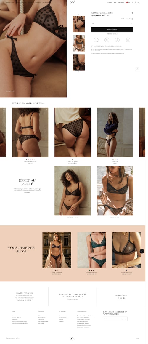 Page produit Ysé avec recommandations de lingerie.
