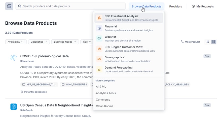 Browse data products dans Snowflake