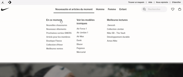 Ouverture du menu déroulant Nike présentant les nouveautés, les modèles iconiques et les contenus éditoriaux.
