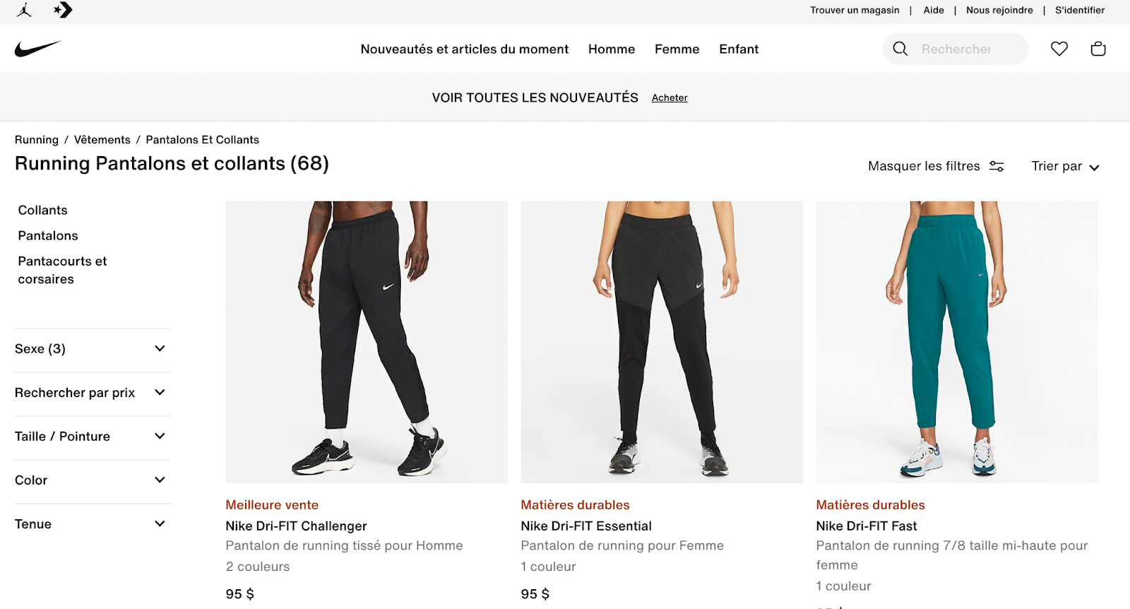 Page catégorie Nike Running avec filtres et sélection de pantalons et collants de course.