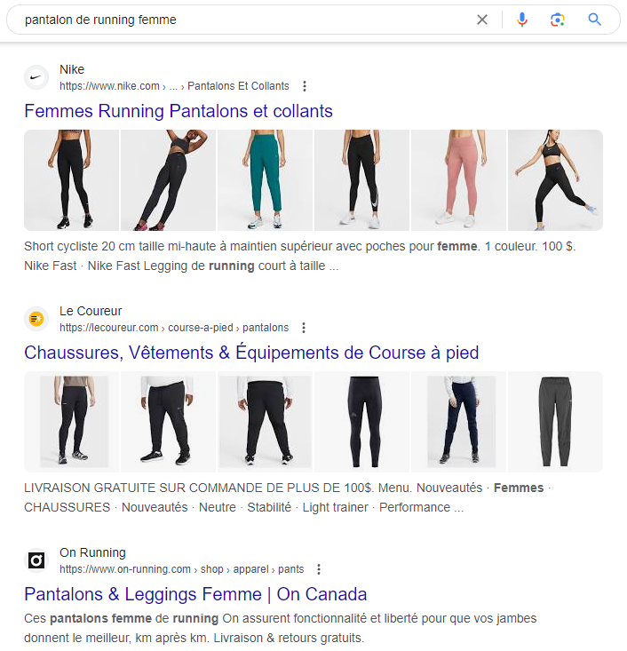Résultats Google pour « pantalon de running femme » présentant des produits et des boutiques spécialisées.