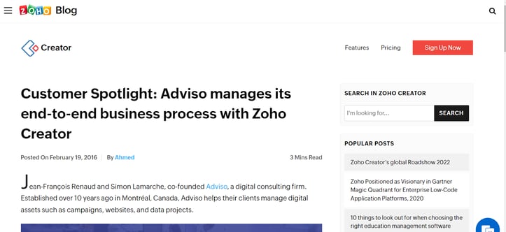 Capture d’écran d’une page du site Zoho blog où est mentionné Adviso en incluant un lien externe (backlinks)