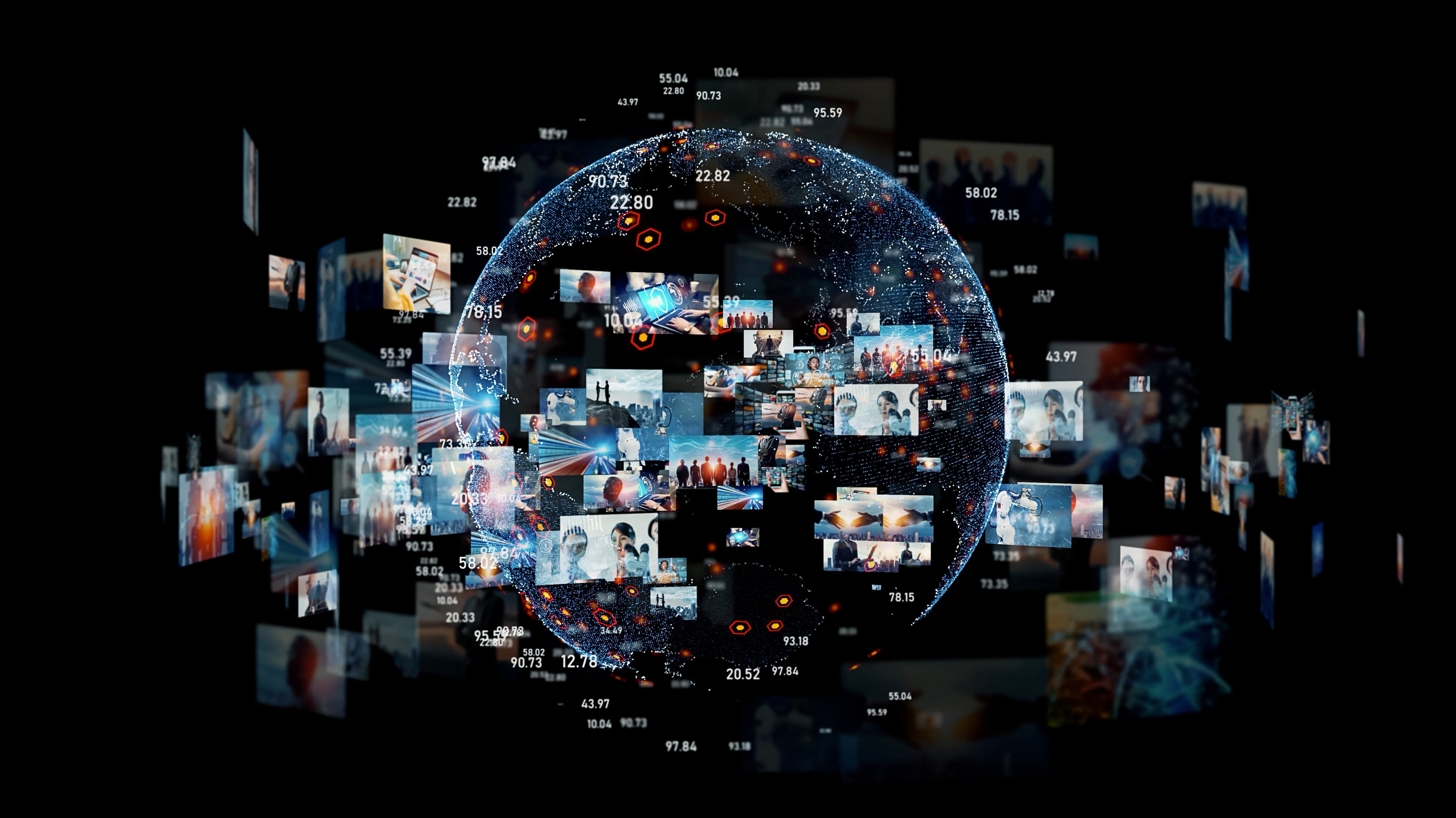 Illustration showing a sphere of artificial intelligence inspired by Meta Andromeda generating personalized advertising creatives